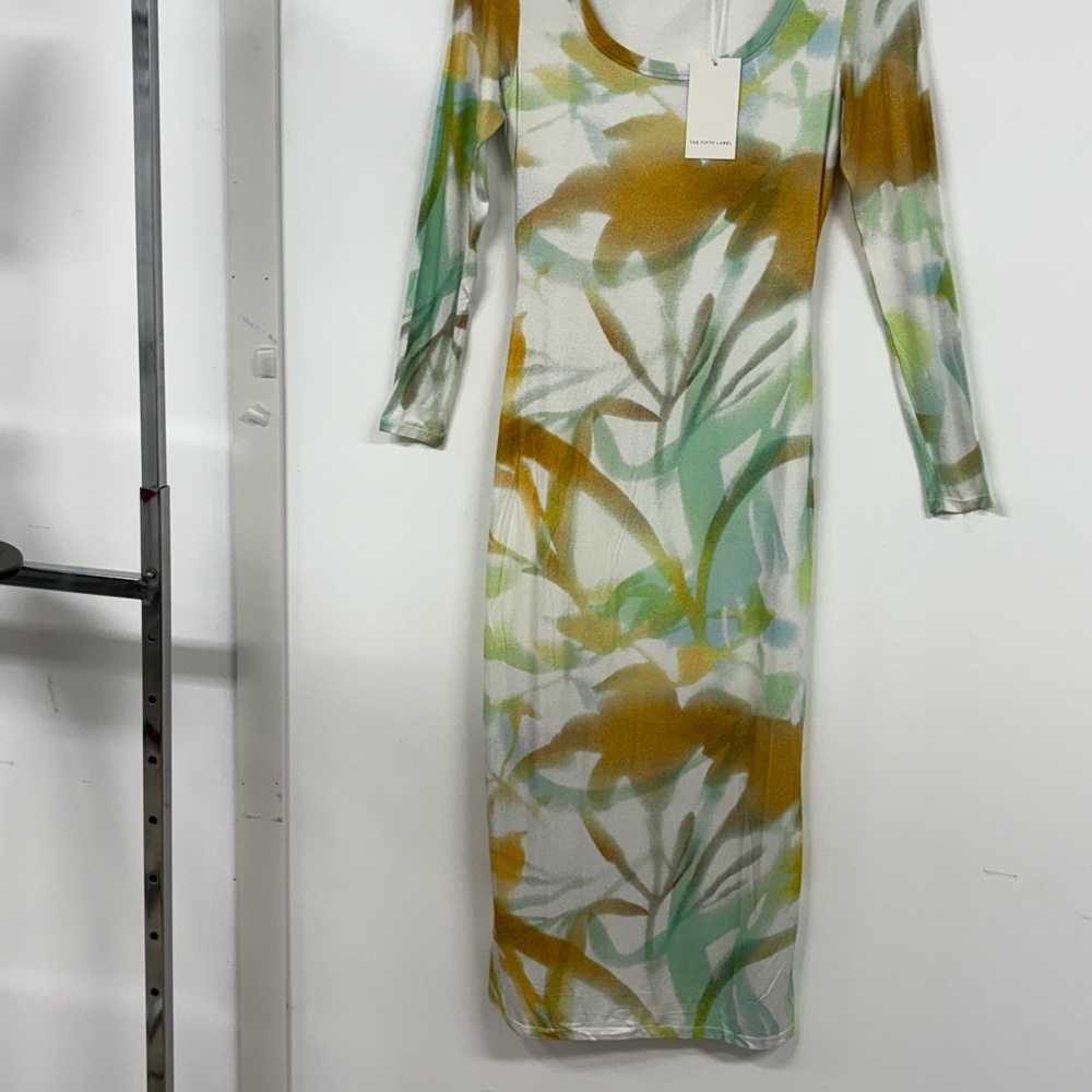 The Fifth Label Gold and Green Sheath Dress with Cuffed Long Sleeves